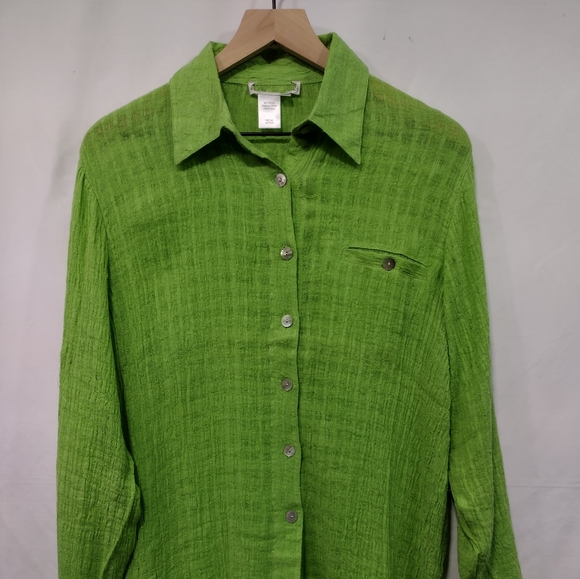 NWOT Coldwater Creek 100% Linen Button Shirt Women's Green Casual Gauzy Retro - Picture 2 of 10